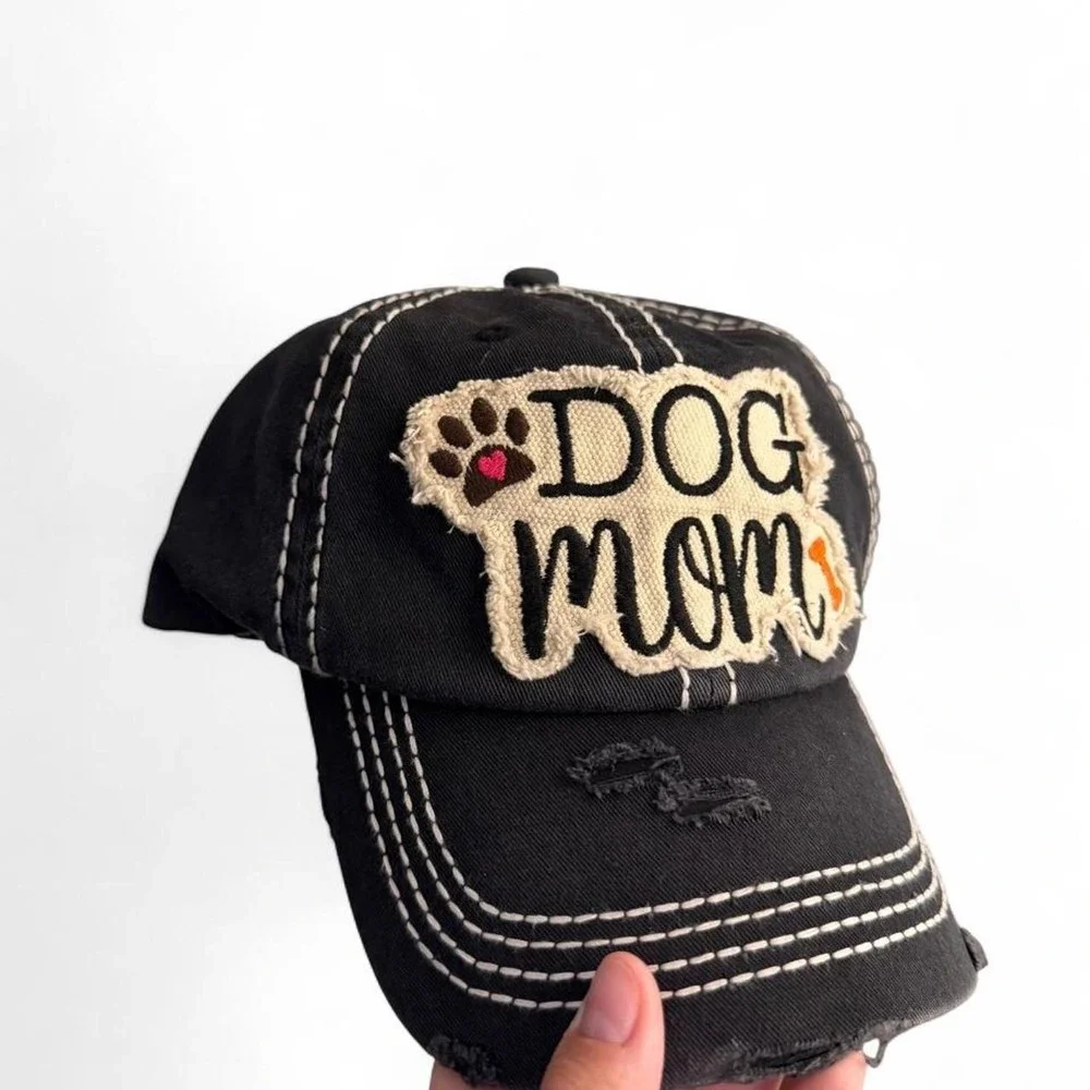 Dog Mom Distressed Baseball Cap Washed Black Embroidered Hat Adjustable